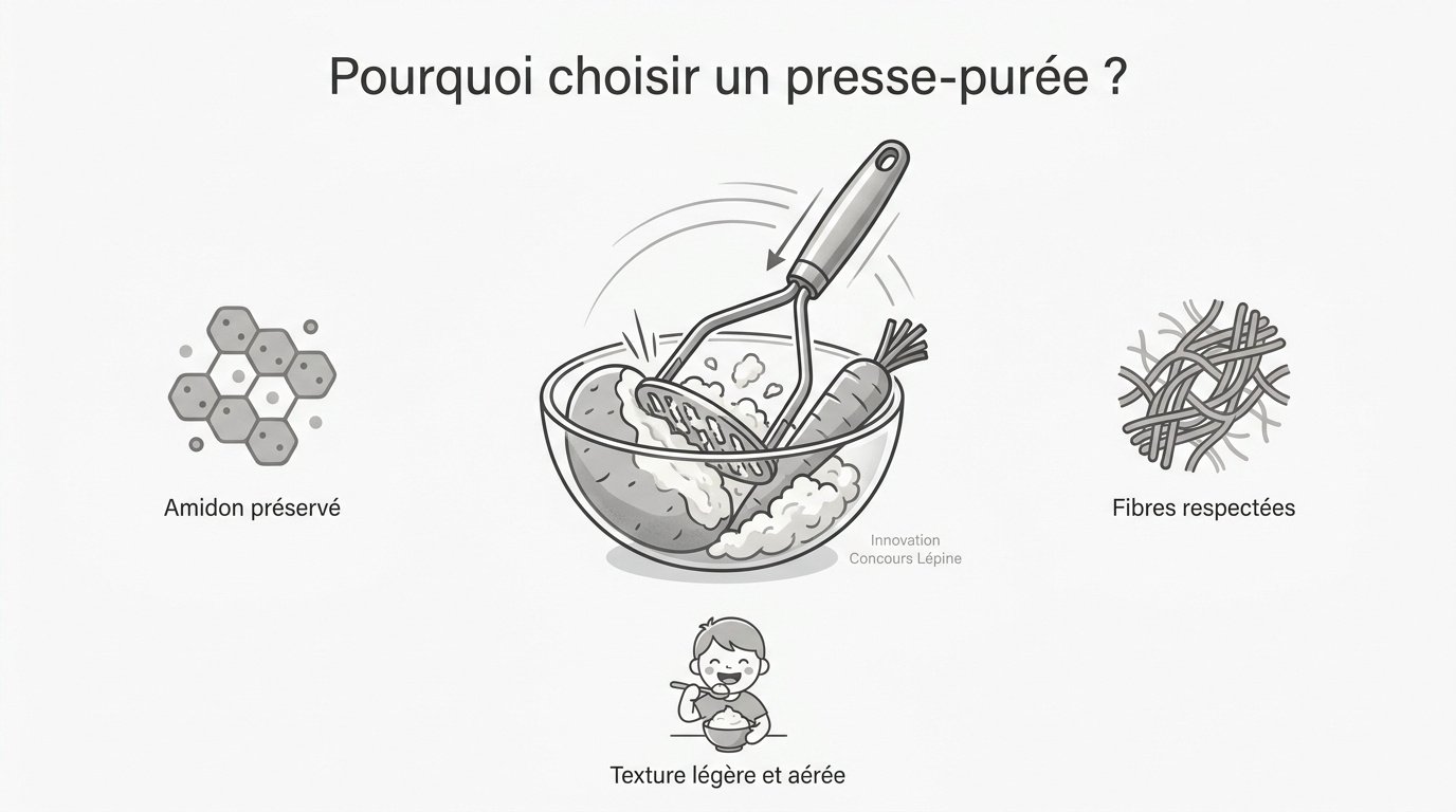 Presse-purée manuel en acier inoxydable écrasant des pommes de terre cuites