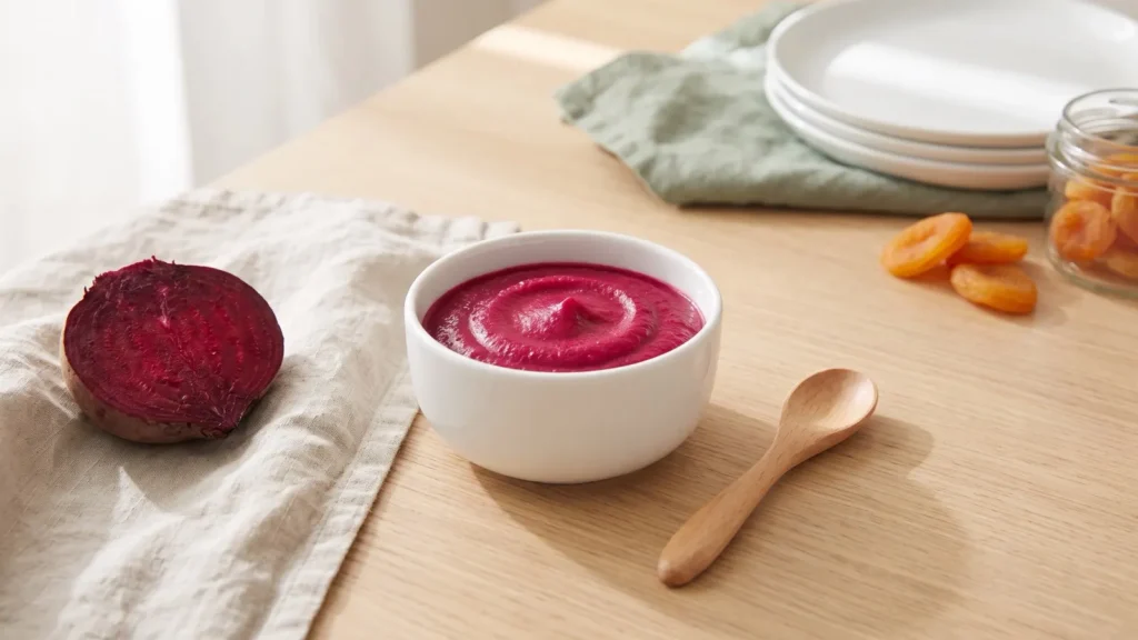 Bol de purée de betterave rose vif et betterave cuite coupée en deux