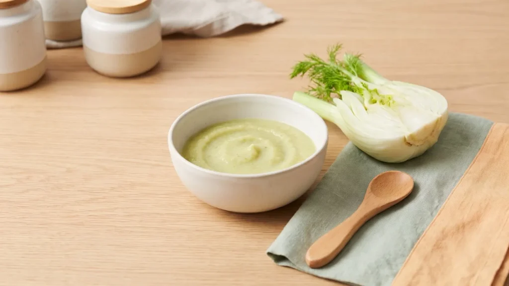 Bol de purée de fenouil vert pâle et bulbe de fenouil coupé en deux