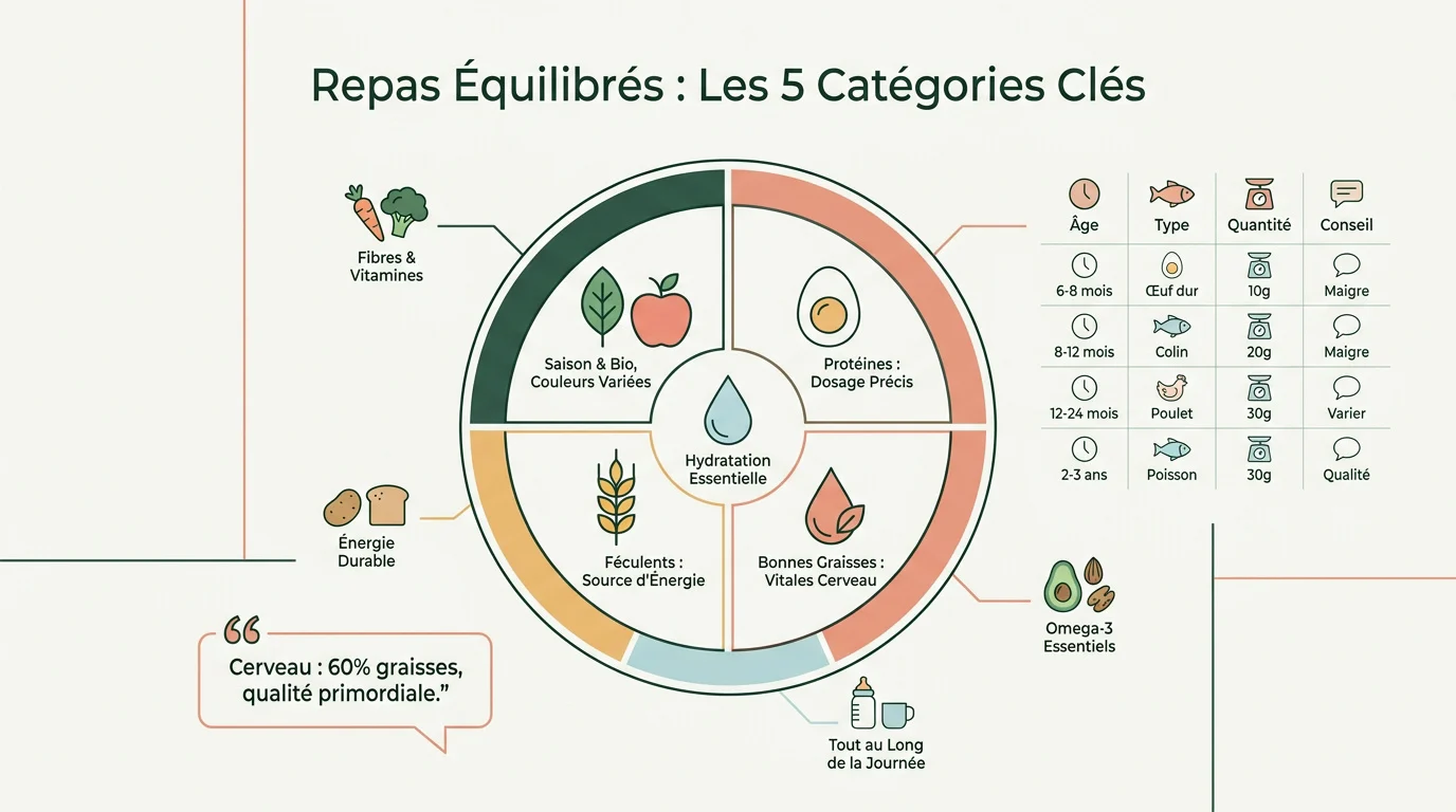 Assiette équilibrée pour bébé avec légumes, féculents et protéines