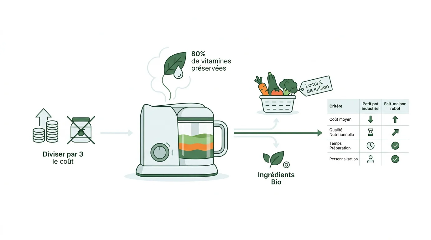 Robot cuiseur préparant une purée de légumes frais pour bébé