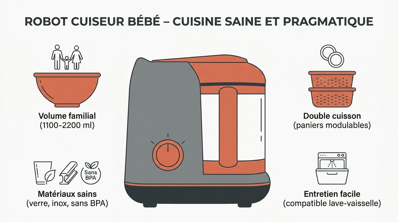 Robot cuiseur bébé moderne sur un plan de travail pour une cuisine saine