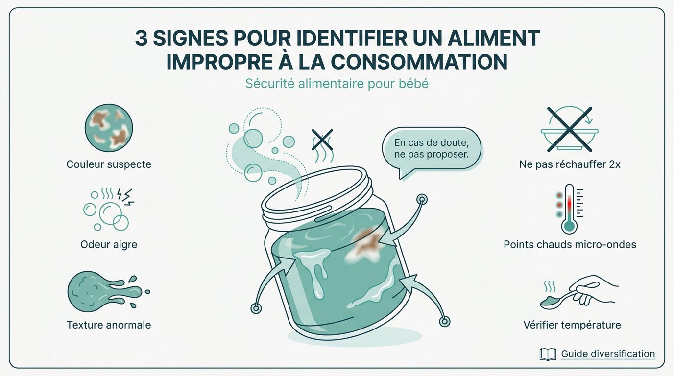 securite alimentaire bebe 3 signes Vérification de la sécurité alimentaire et des signes de péremption d'un pot pour bébé