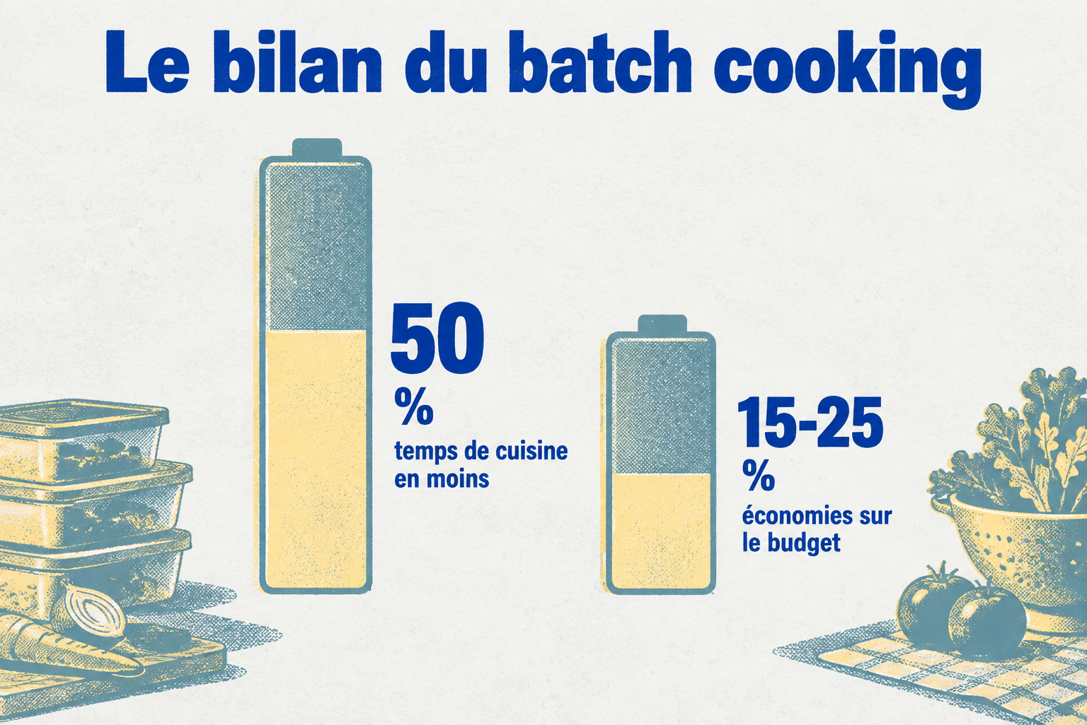Infographie : le batch cooking réduit le temps de cuisine en semaine d'environ 50 % et permet d'économiser 15 à 25 % sur le budget alimentaire.