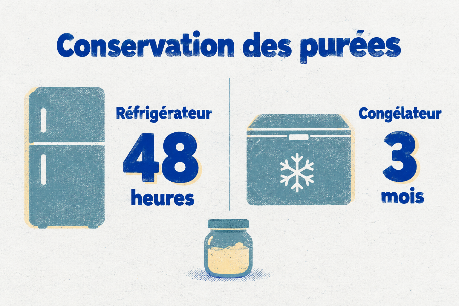 Les purées maison pour bébé se conservent 48 heures au réfrigérateur et 3 mois au congélateur.