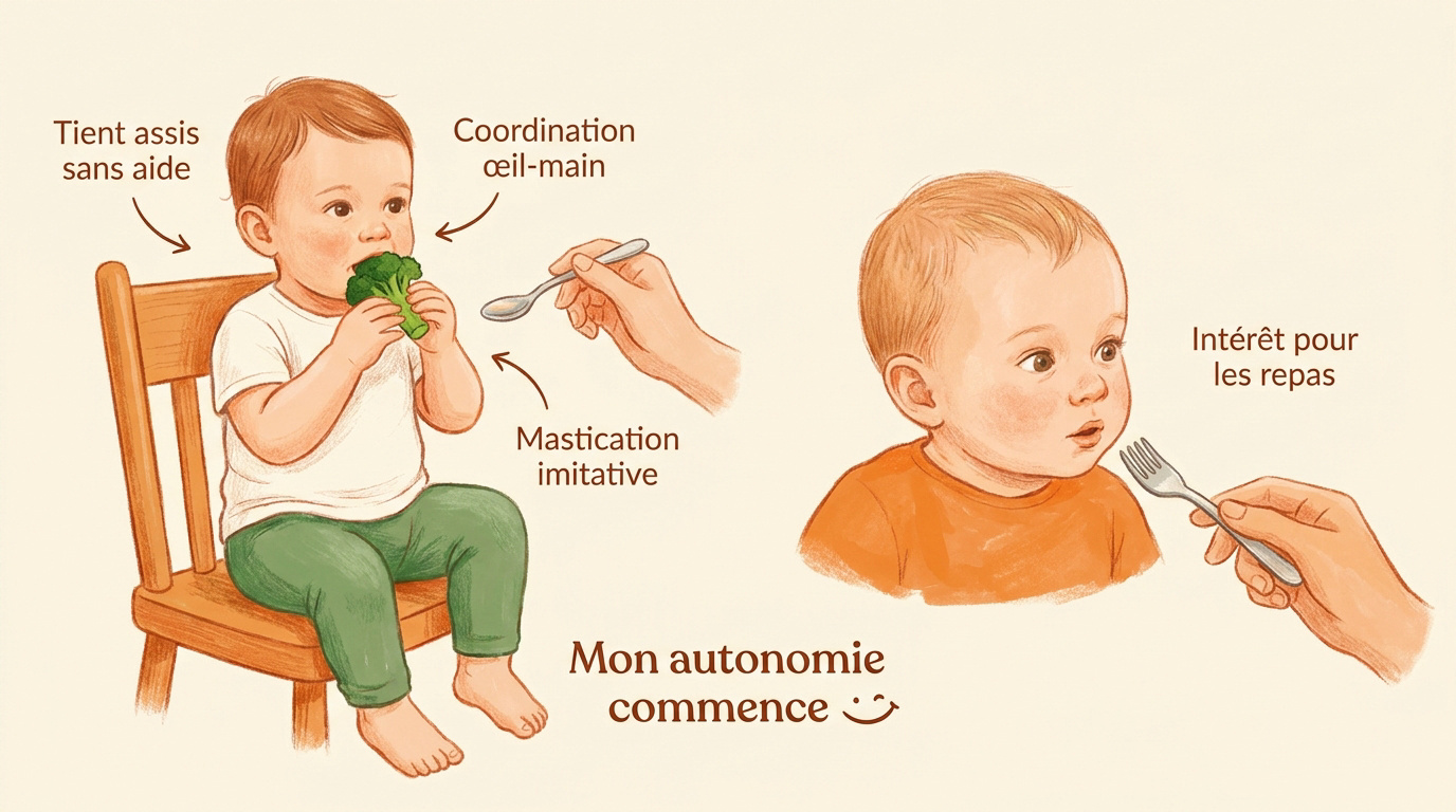 Bébé assis dans sa chaise haute apprenant à manger seul avec ses mains