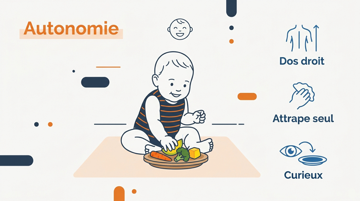 Bébé assis bien droit pratiquant le BLW en attrapant des aliments avec curiosité