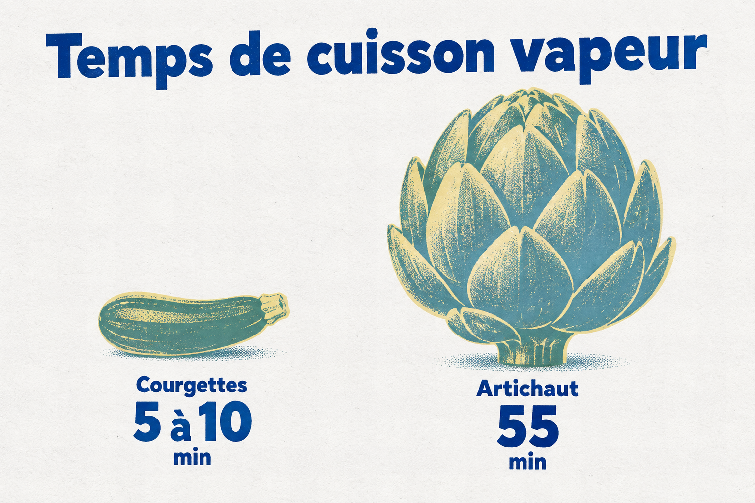 Les temps de cuisson vapeur varient de 5 minutes pour des courgettes à 55 minutes pour un artichaut entier.