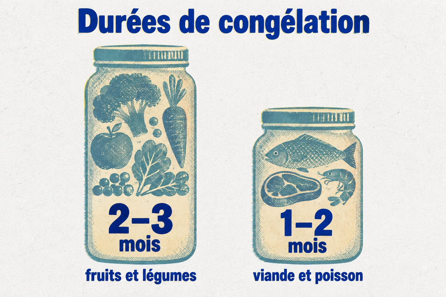 Infographie en style riso comparant deux colonnes verticales : purées de fruits et légumes 2-3 mois au congélateur, purées de viande et poisson 1-2 mois.