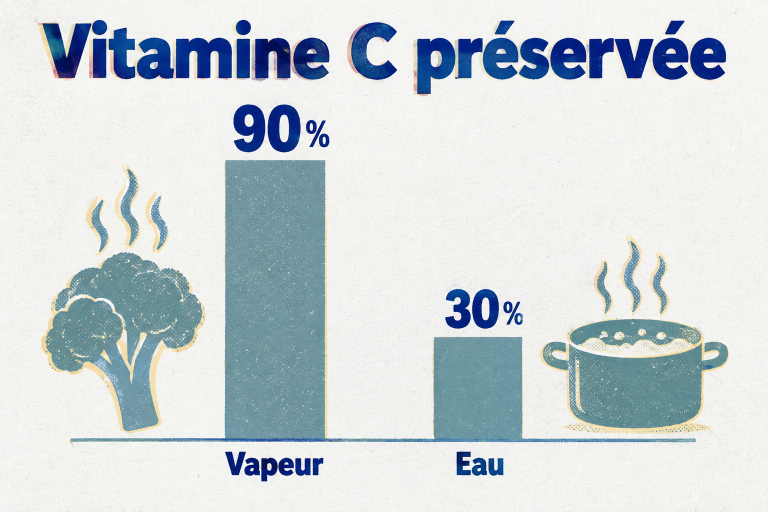 La cuisson vapeur préserve jusqu'à 90 % de la vitamine C, tandis que la cuisson à l'eau n'en conserve que 30 %.