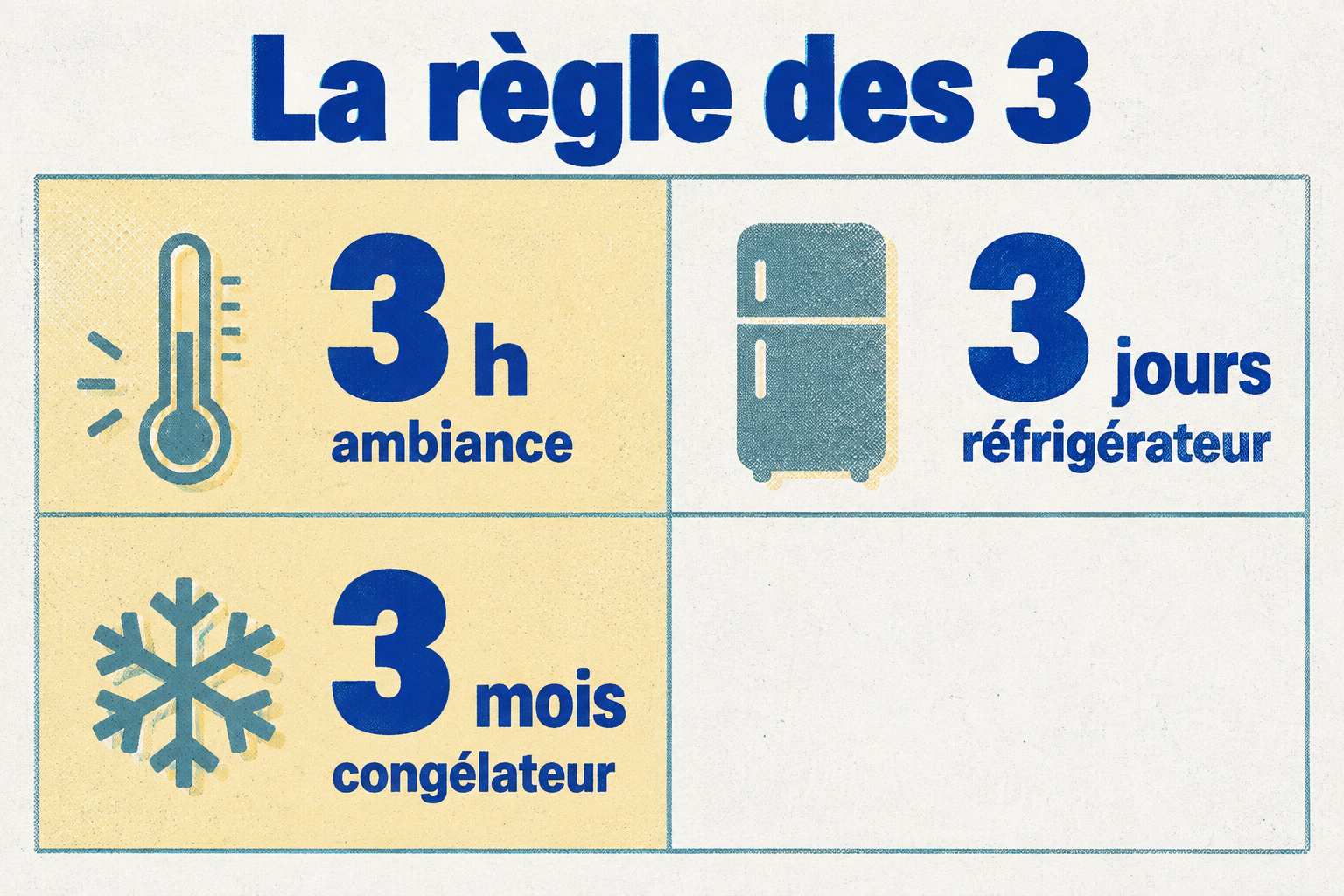 Infographie en style riso représentant une horloge avec trois repères de conservation : 3 heures à température ambiante, 3 jours au réfrigérateur, 3 mois au congélateur.