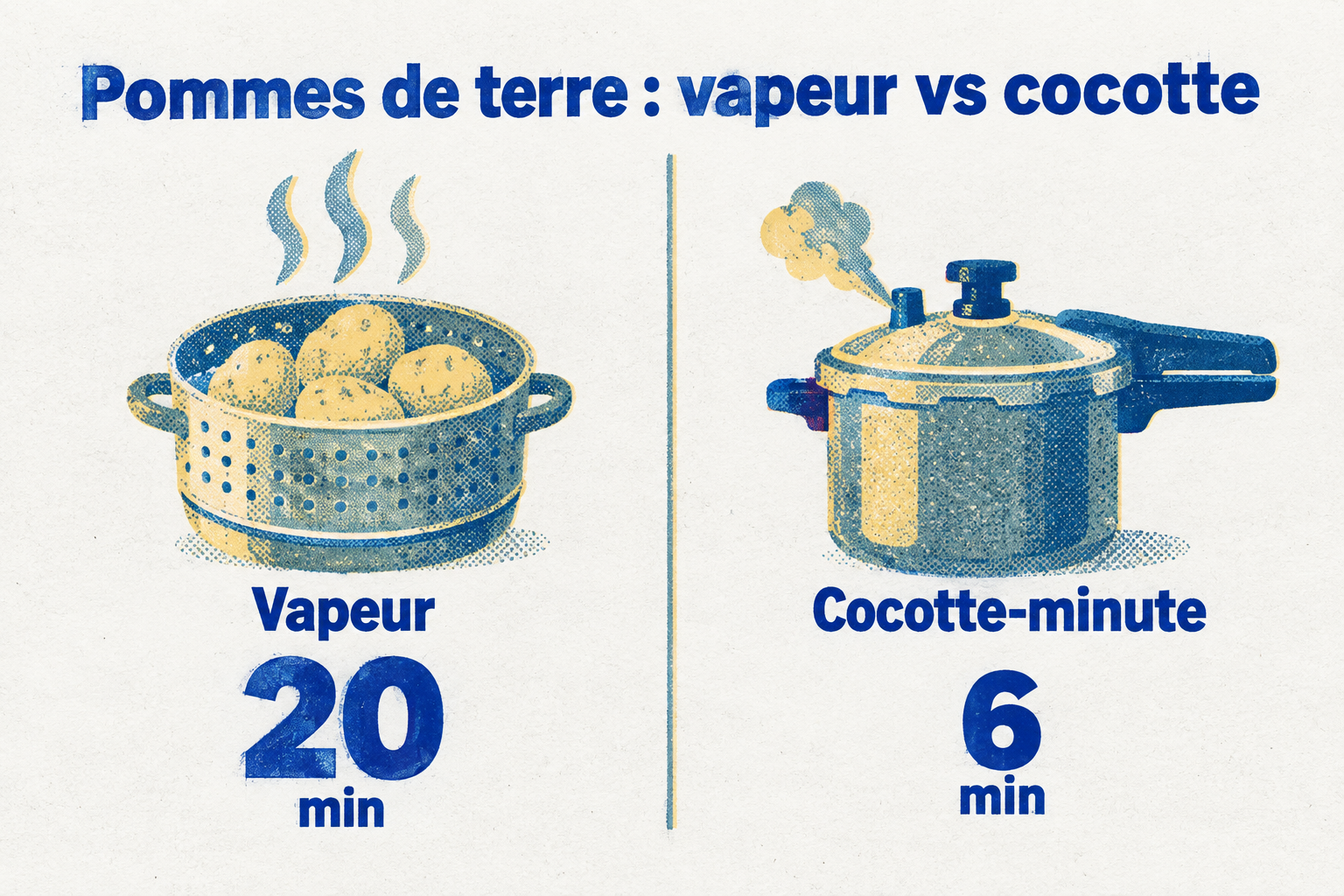La cocotte-minute cuit des pommes de terre en 6 minutes contre 20 minutes à la vapeur.