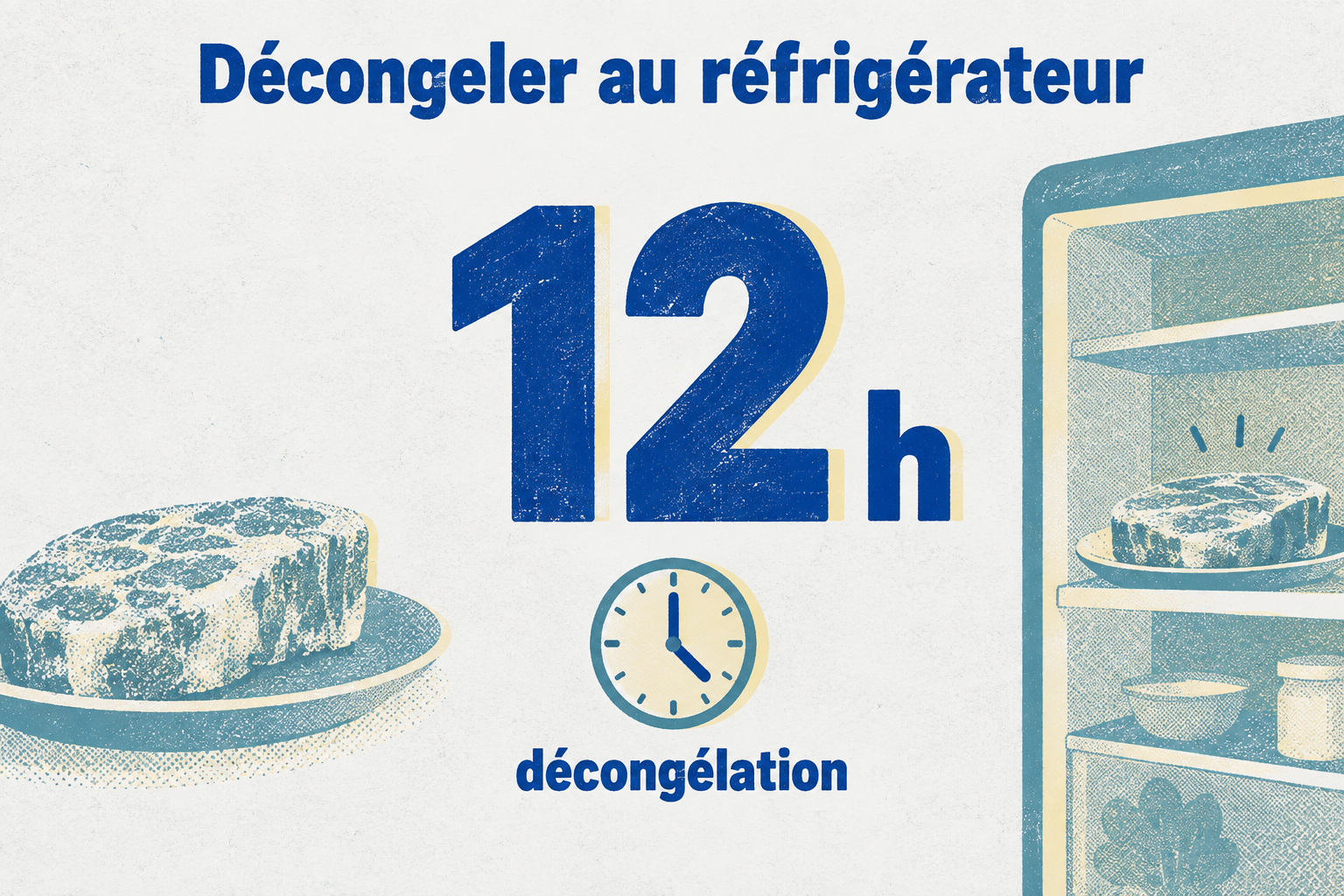 Infographie en style riso montrant une horloge avec une flèche : décongélation au réfrigérateur en 12 heures.