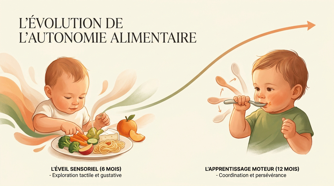 Schéma de l'évolution de l'autonomie alimentaire du bébé de 6 à 18 mois