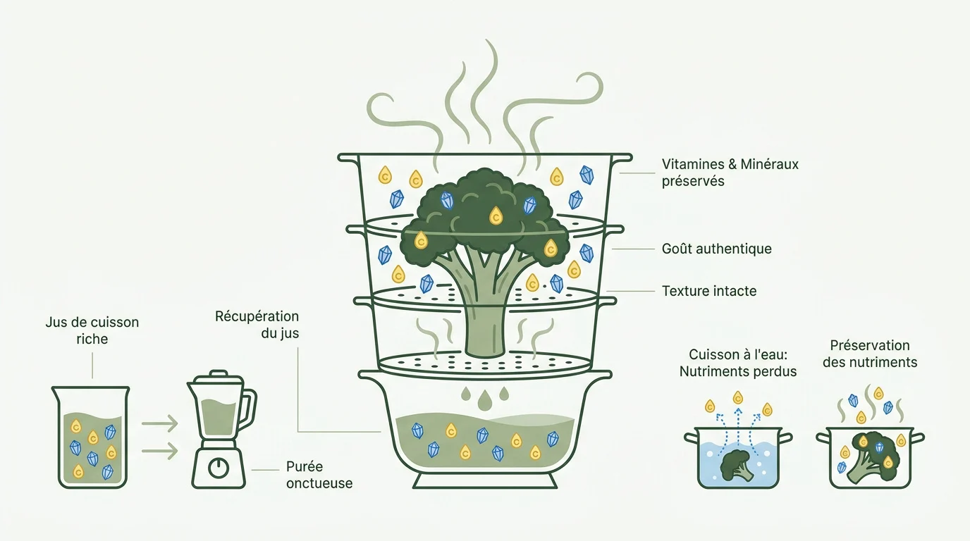 Infographie sur les bénéfices de la cuisson vapeur douce pour les nutriments de bébé