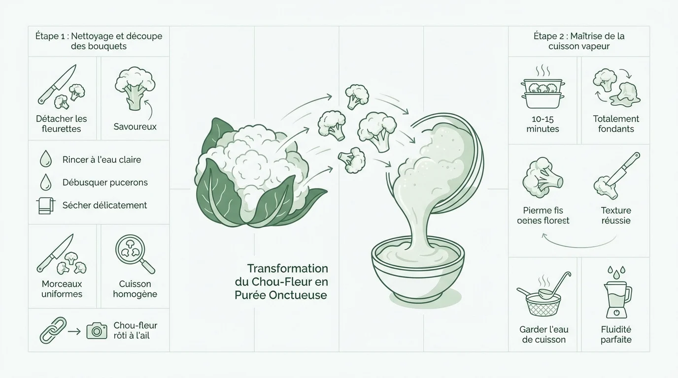 Infographie montrant les étapes de transformation du chou-fleur en purée lisse pour bébé