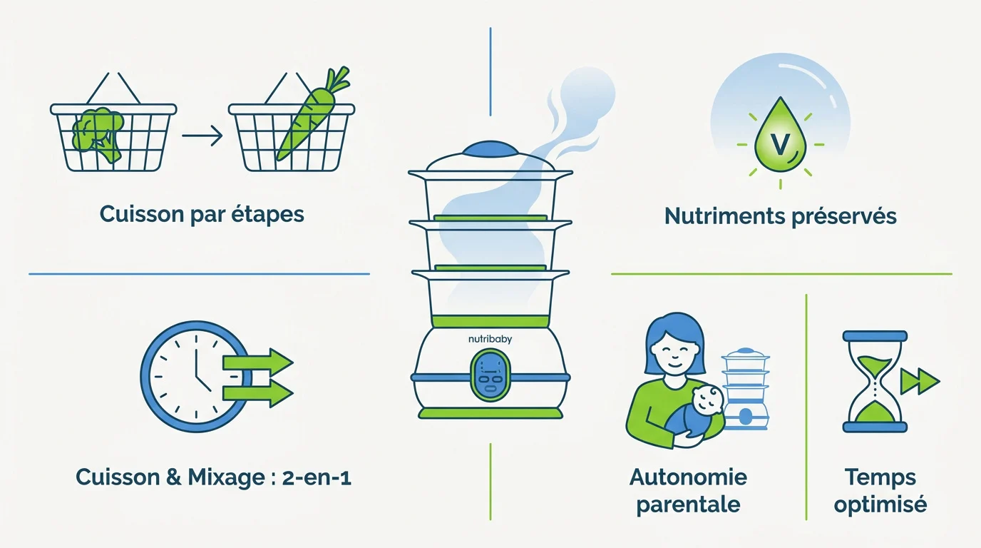 Robot Babymoov Nutribaby préparant des légumes à la vapeur pour bébé