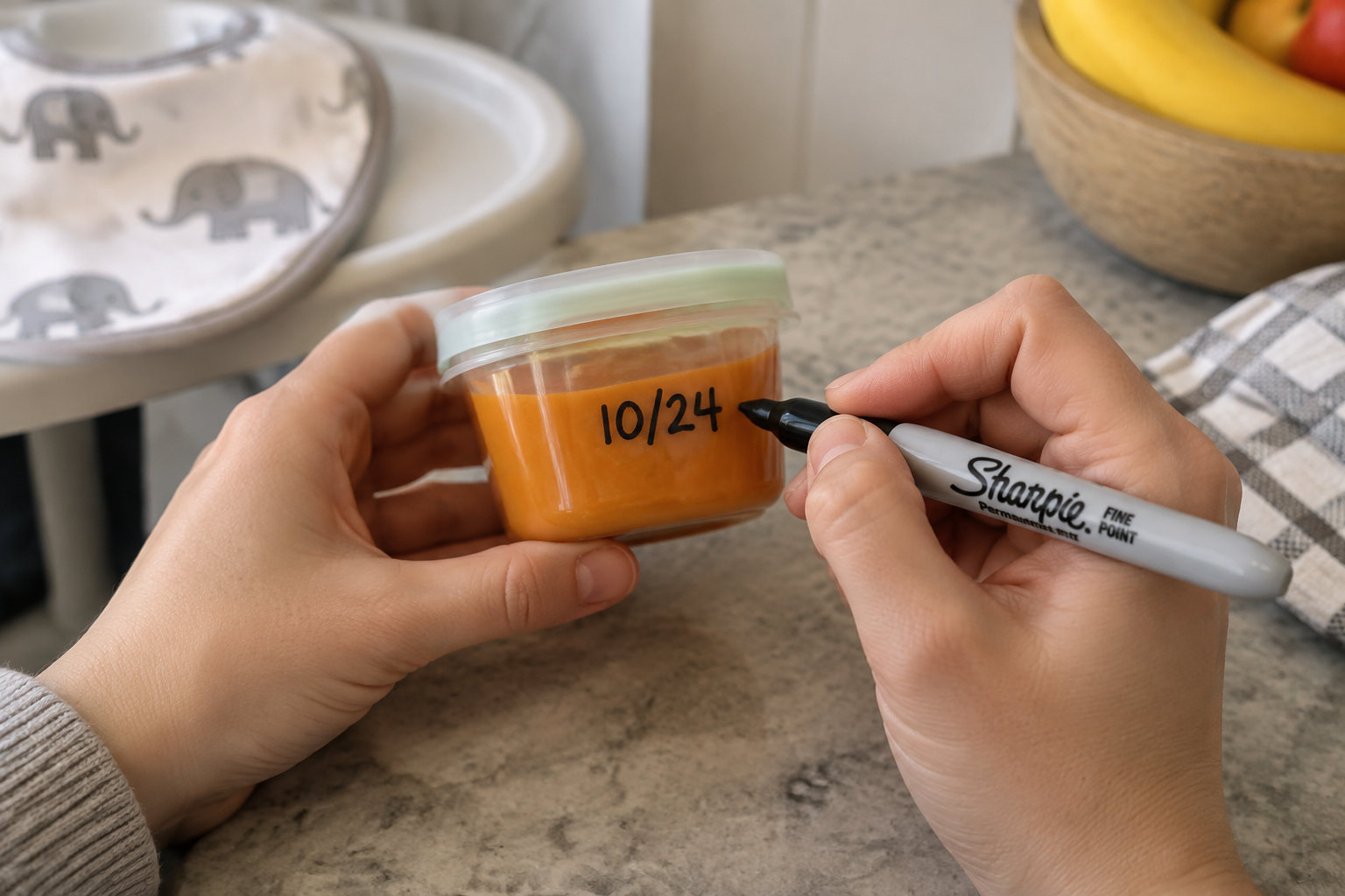 Une main écrivant la date de préparation sur l'étiquette d'un pot de conservation.