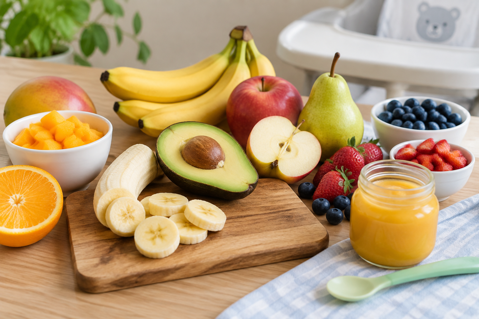 photo b0h9 Assortiment de fruits frais (pomme, poire, banane, agrumes) posés sur une table pour préparer une compote pour bébé.