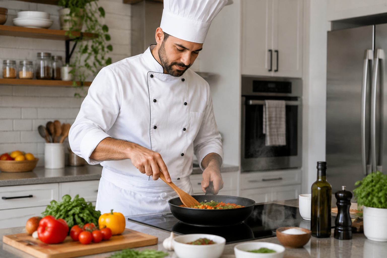Chef à domicile cuisinant dans une cuisine moderne.