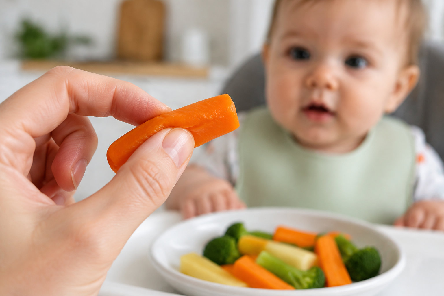 Un bâtonnet de légume cuit vapeur testé entre les doigts pour vérifier sa tendreté pour bébé.