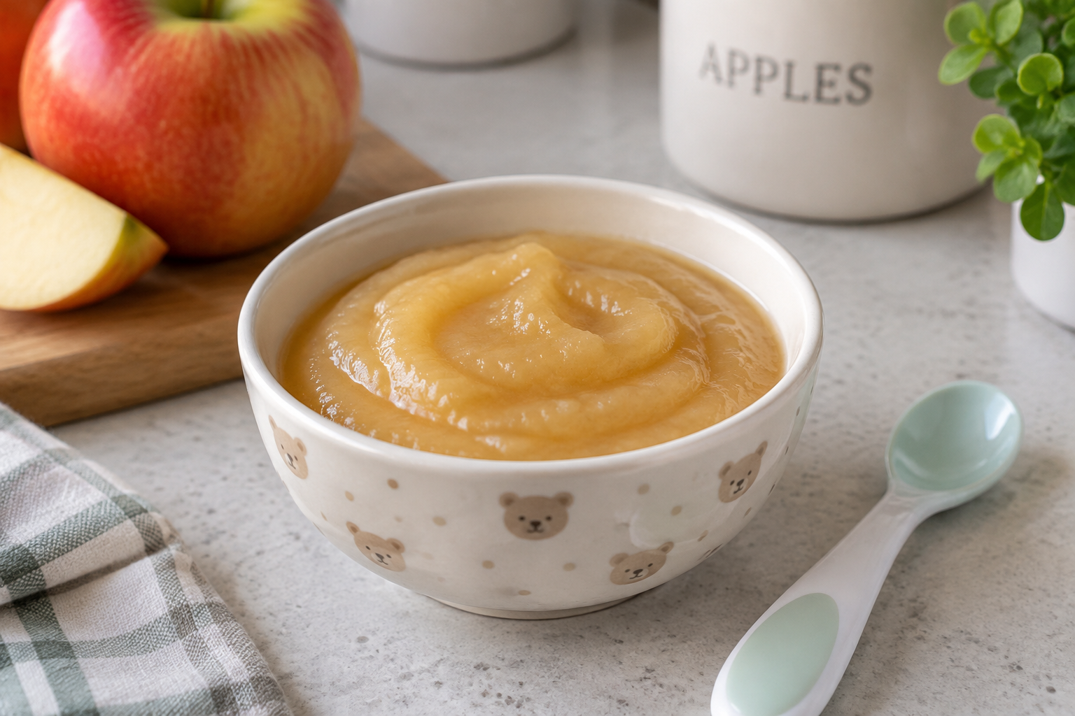 Bol de compote de pommes avec une cuillère pour bébé