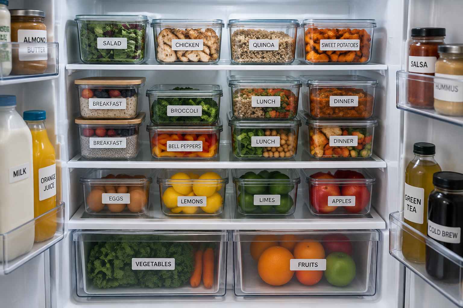 Réfrigérateur organisé avec des boîtes de repas étiquetées.