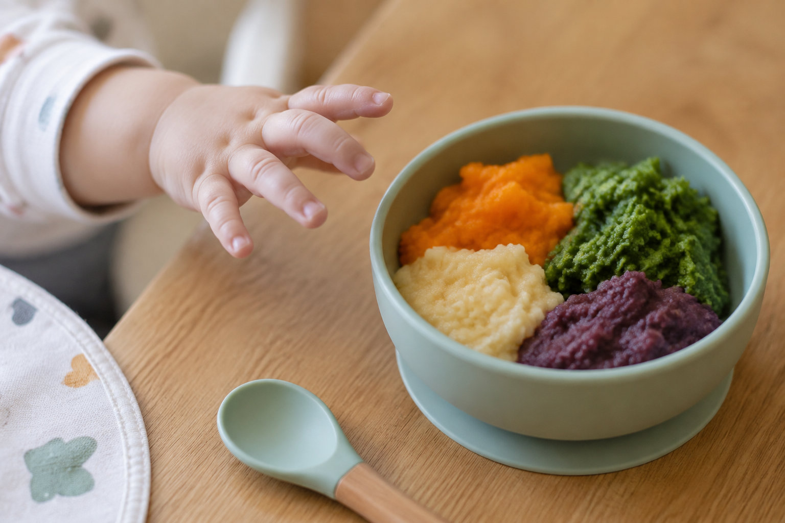 photo b6jb aafe2b33 La main d'un bébé s'approchant d'un bol rempli d'aliments variés.