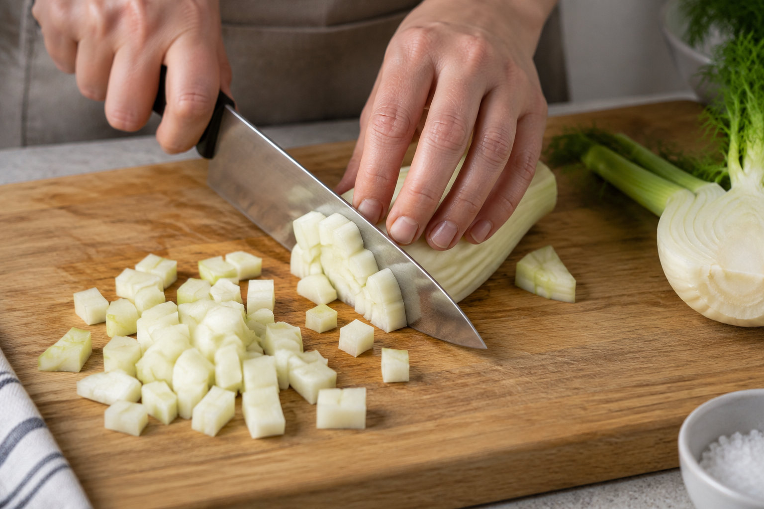 Les mains d'un parent découpant un bulbe de fenouil en dés réguliers pour une cuisson homogène.