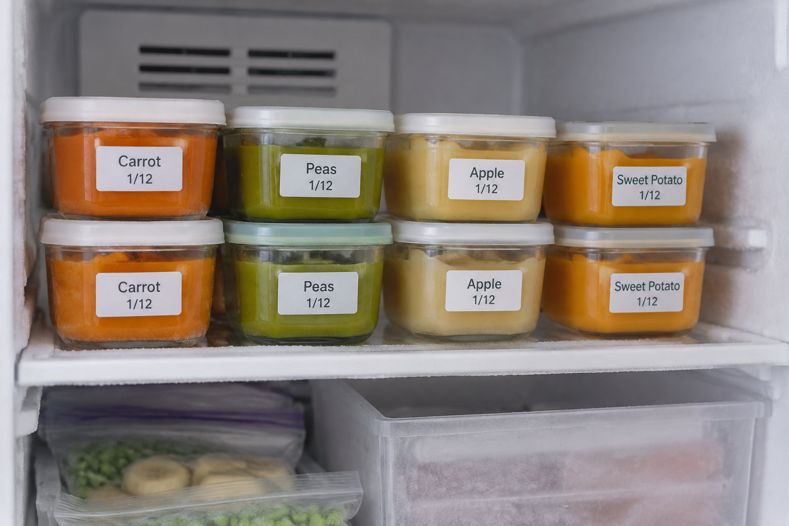 Plusieurs petits pots en verre étiquetés contenant des portions de purée, rangés dans un congélateur.