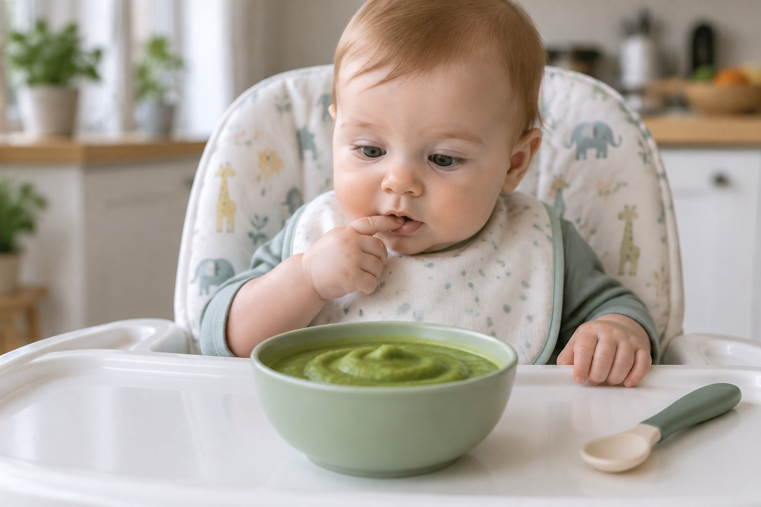 photo bgks 4a2f34d8 Un bébé assis dans une chaise haute regarde avec curiosité un bol de purée de légumes.
