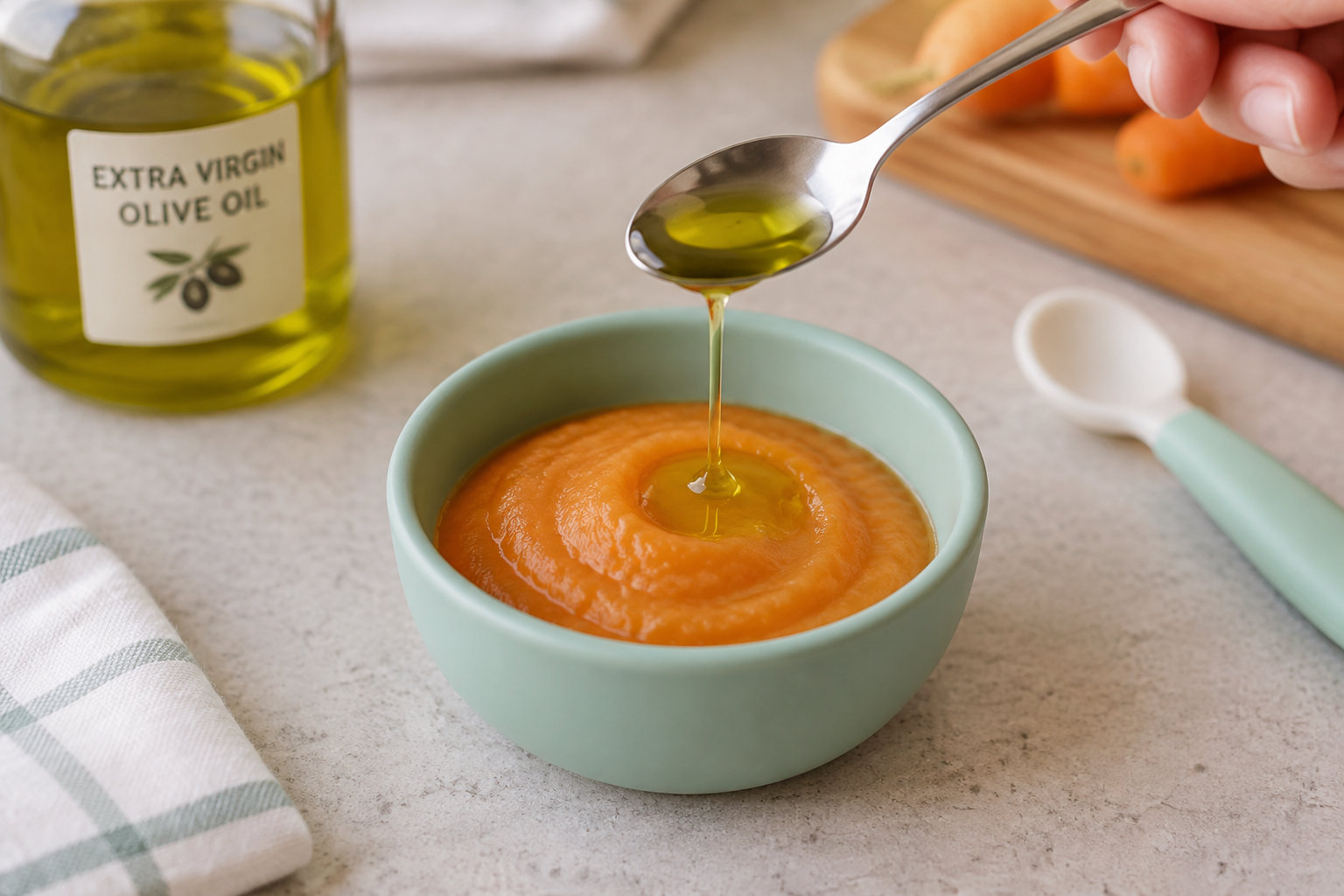 photo biok ab842225 Une cuillère à café ajoutant un filet d'huile végétale dans un bol de purée.
