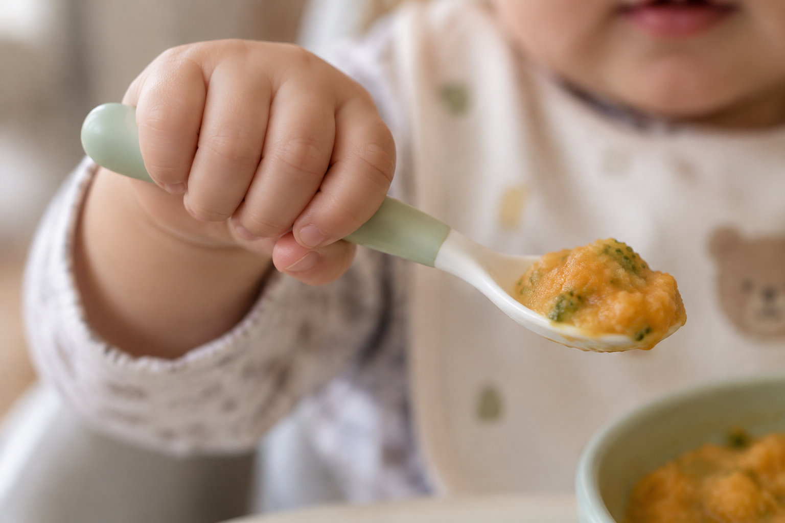 photo bmuq 50de7a39 Gros plan sur la main d'un bébé tenant une cuillère avec une purée de légumes à la texture légèrement écrasée.