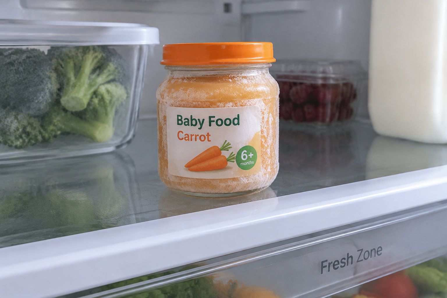 Un pot de purée pour bébé en train de décongeler sur une étagère de réfrigérateur.