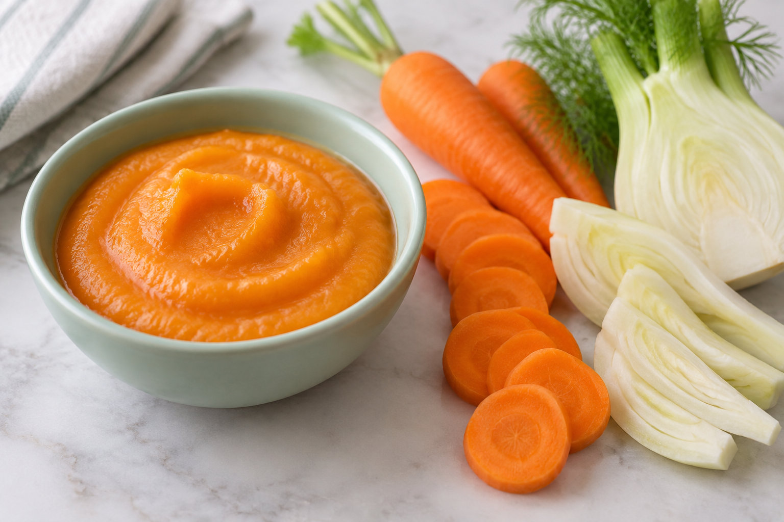 Une petite portion de purée de légumes pour bébé accompagnée de morceaux de carotte et de fenouil frais.