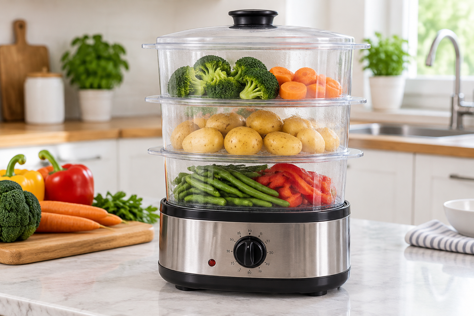 Cuiseur vapeur électrique avec paniers empilés et légumes colorés dans une cuisine moderne