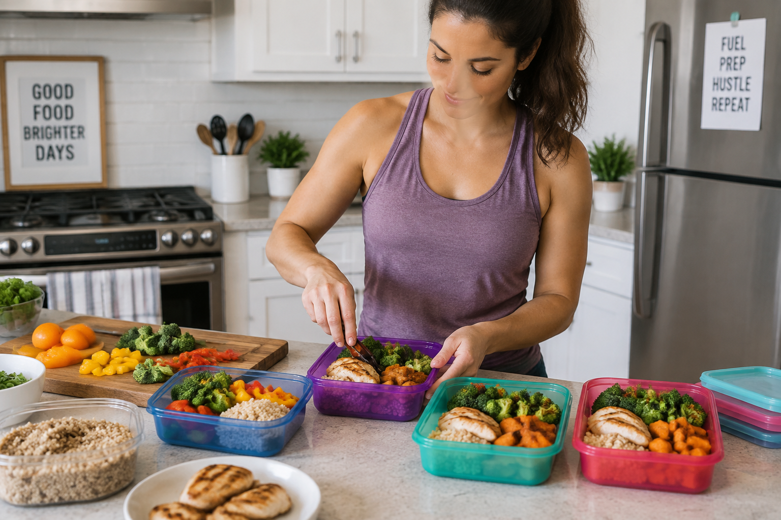 Préparation de plusieurs repas hebdomadaires dans une cuisine.