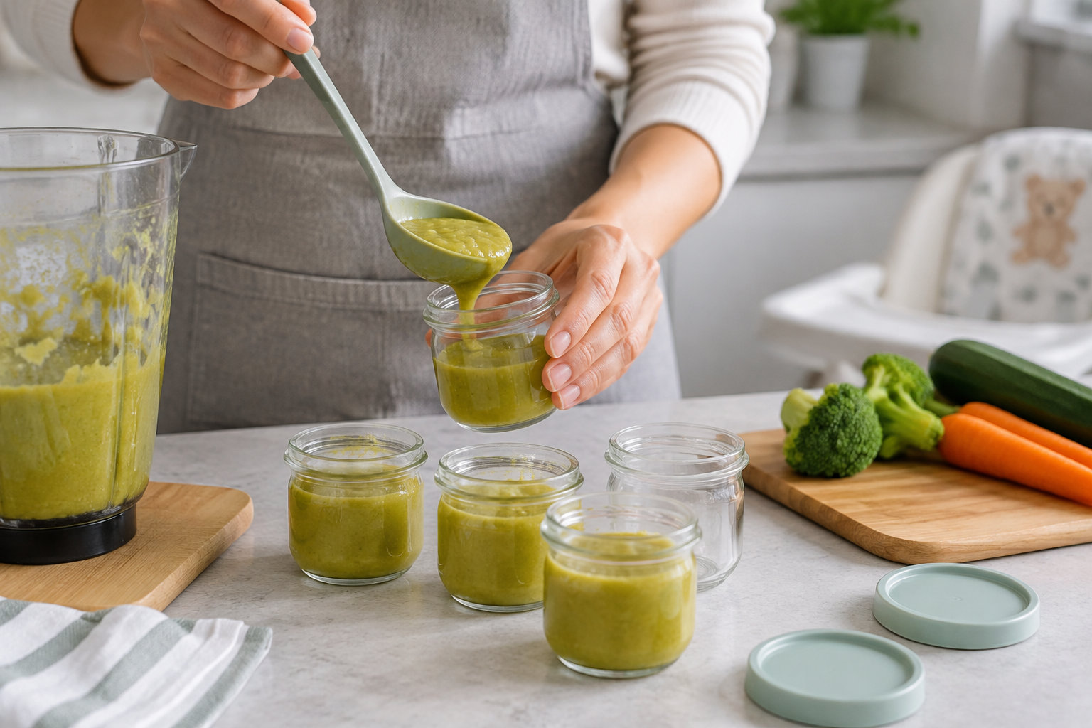 Une main remplissant des petits contenants avec de la purée de légumes pour bébé.