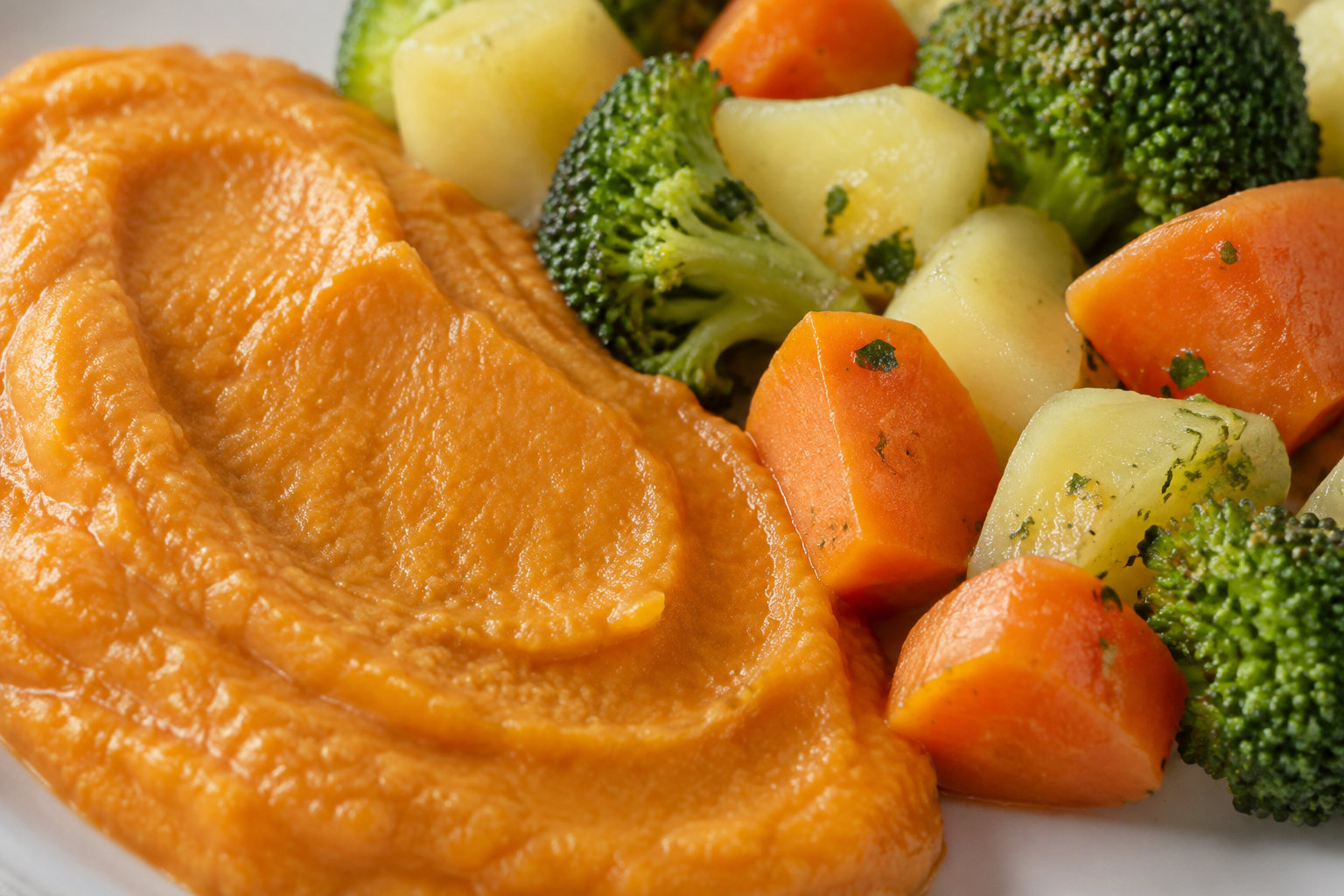 photo bzkb c7543744 Gros plan sur une purée lisse et des morceaux de légumes fondants.