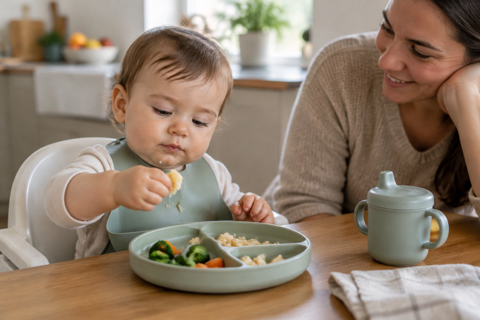 Un bébé en chaise haute tient un morceau de nourriture au-dessus d’une assiette compartimentée, tandis qu’une femme souriante le regarde à table.