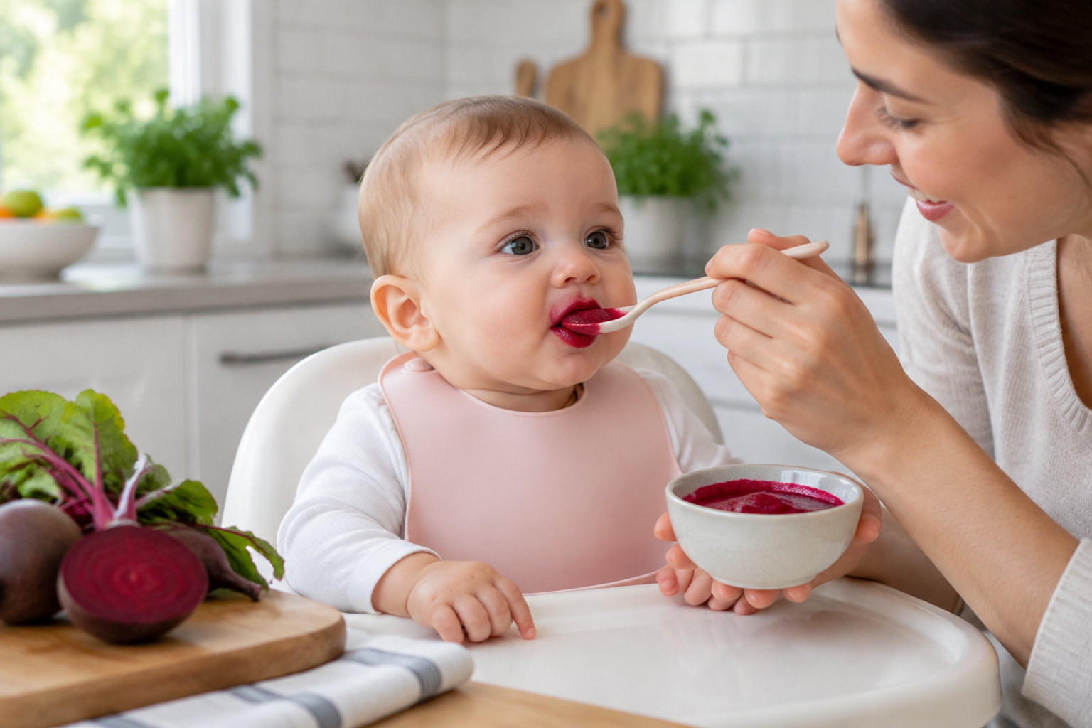 Un bébé assis avec le soutien d’un adulte goûte une petite cuillerée de purée de betterave.