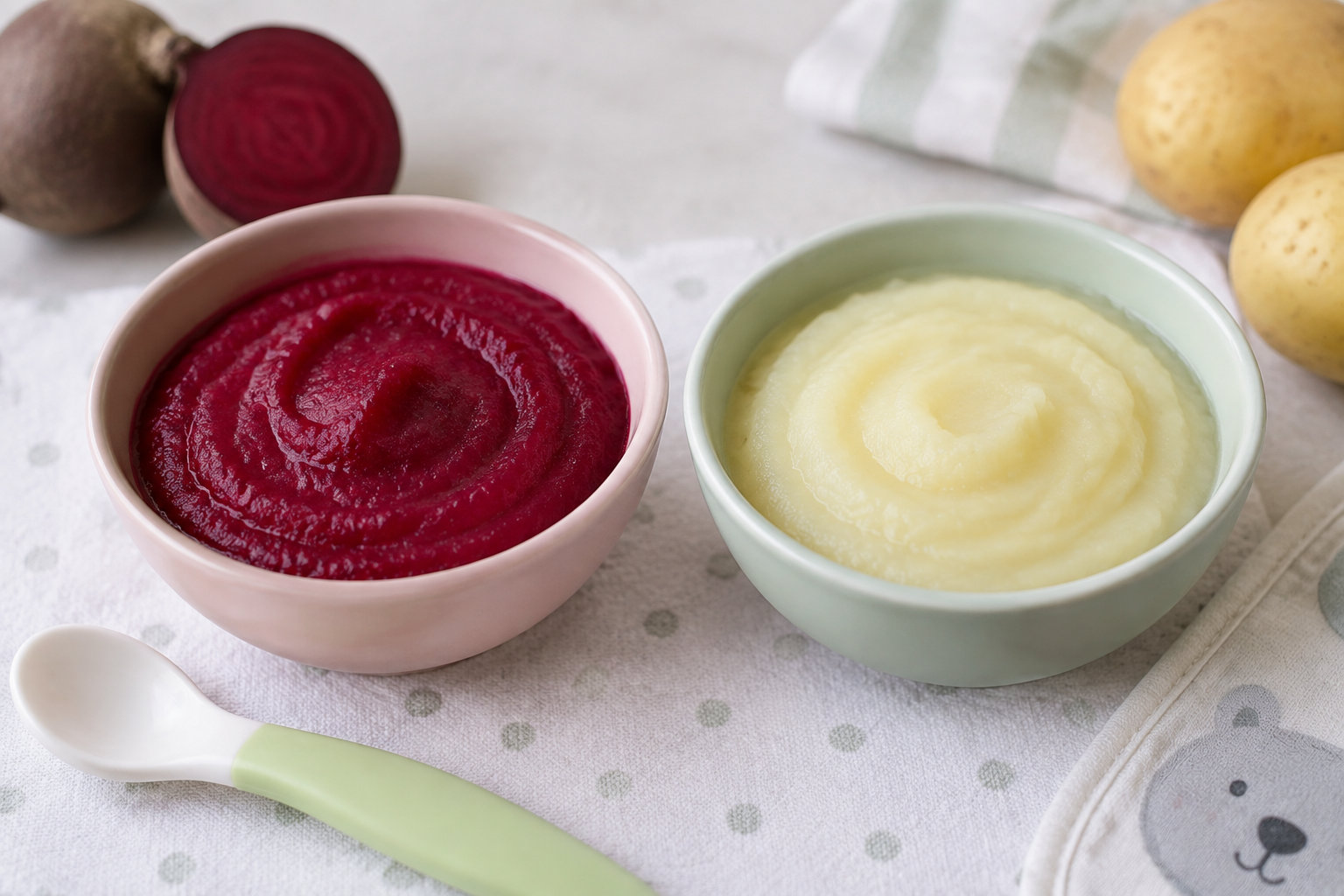 Deux petites portions de purée lisse à la betterave et à la pomme de terre sont prêtes à être servies.