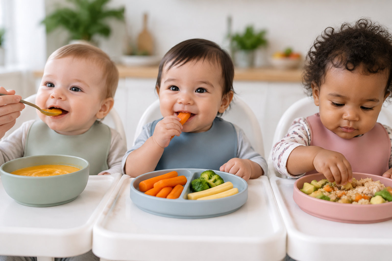 Trois bébés assis dans des chaises hautes mangent des purées, des légumes et d’autres aliments dans une cuisine lumineuse.