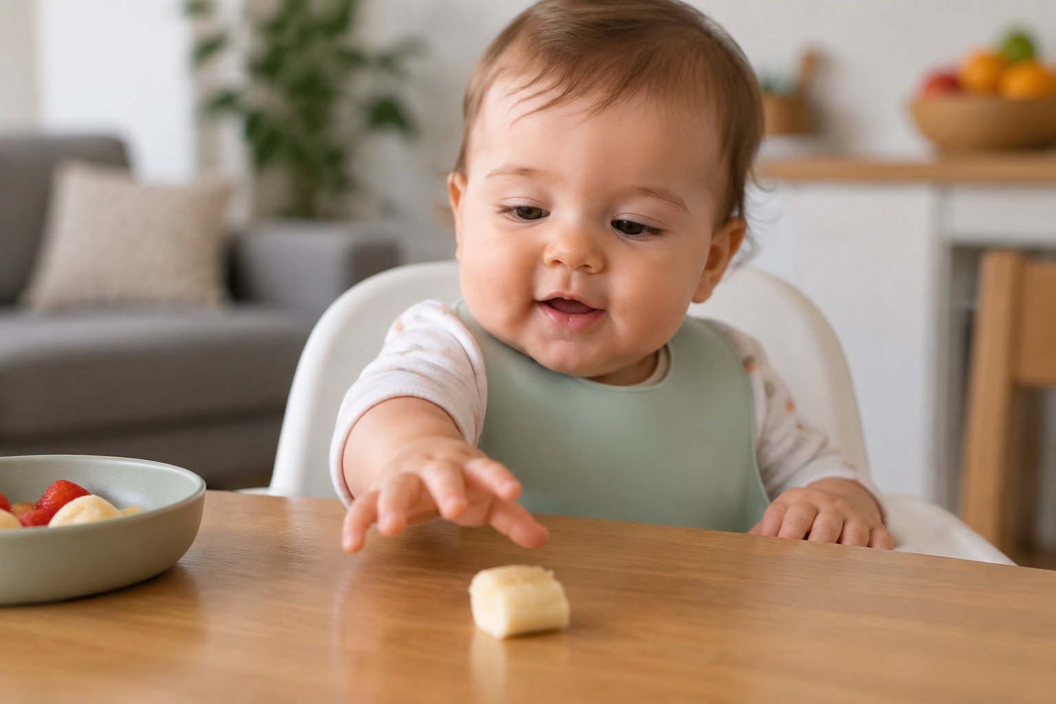 Un bébé assis dans une chaise haute tend la main vers un morceau de nourriture posé sur une table, près d’un bol de fruits.