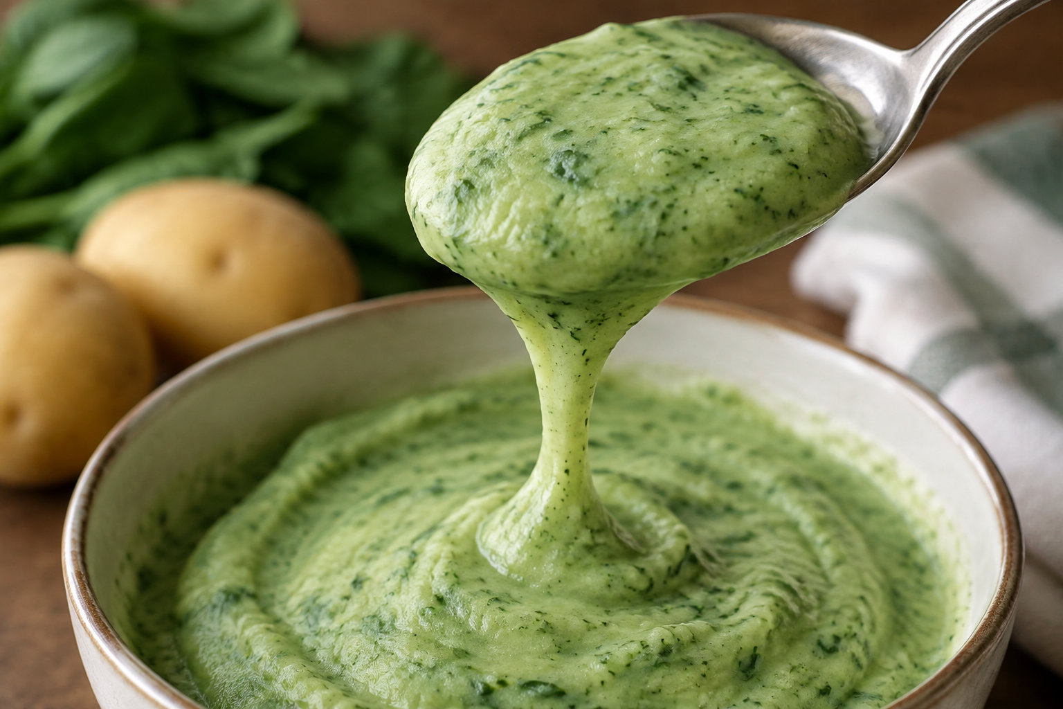 photo plan s3 45a92ce7 Une purée lisse d’épinards et de pomme de terre coule lentement d’une cuillère.
