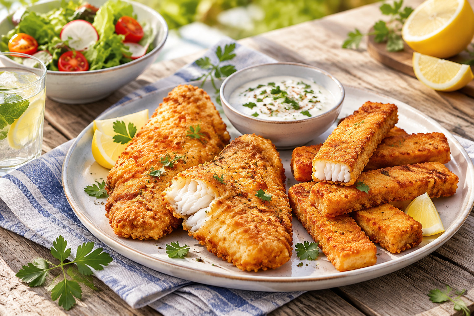 Des filets de poisson panés et des bâtonnets dorés sont servis avec une sauce blanche, des quartiers de citron, une salade et un verre de boisson citronnée.