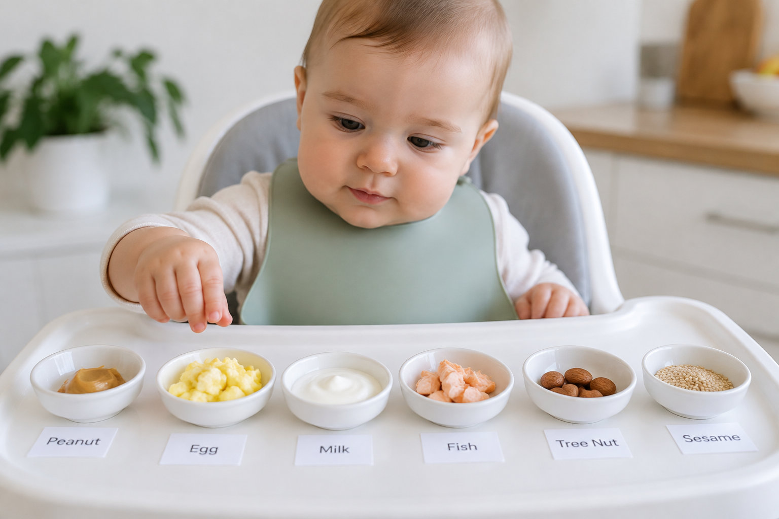 De petites portions d’œuf, de poisson, de yaourt nature, de pâte d’arachide diluée et de céréales avec gluten sont proposées séparément à un bébé.