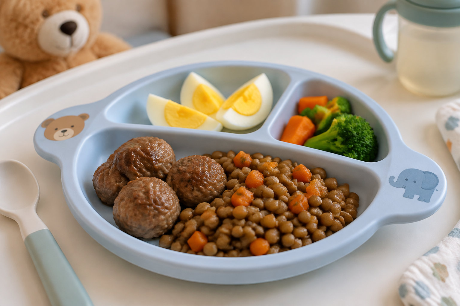 Une assiette compartimentée contient des boulettes de viande, des lentilles avec des dés de carotte, des quartiers d’œuf dur et des brocolis, avec une cuillère et une tasse à proximité.