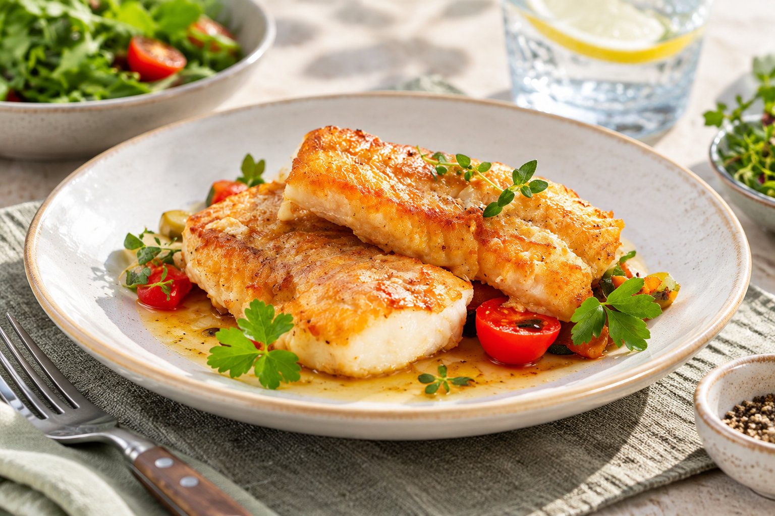 Des filets de poisson dorés, garnis d’herbes fraîches et de tomates cerises, sont servis dans une assiette avec une salade et un verre d’eau citronnée.