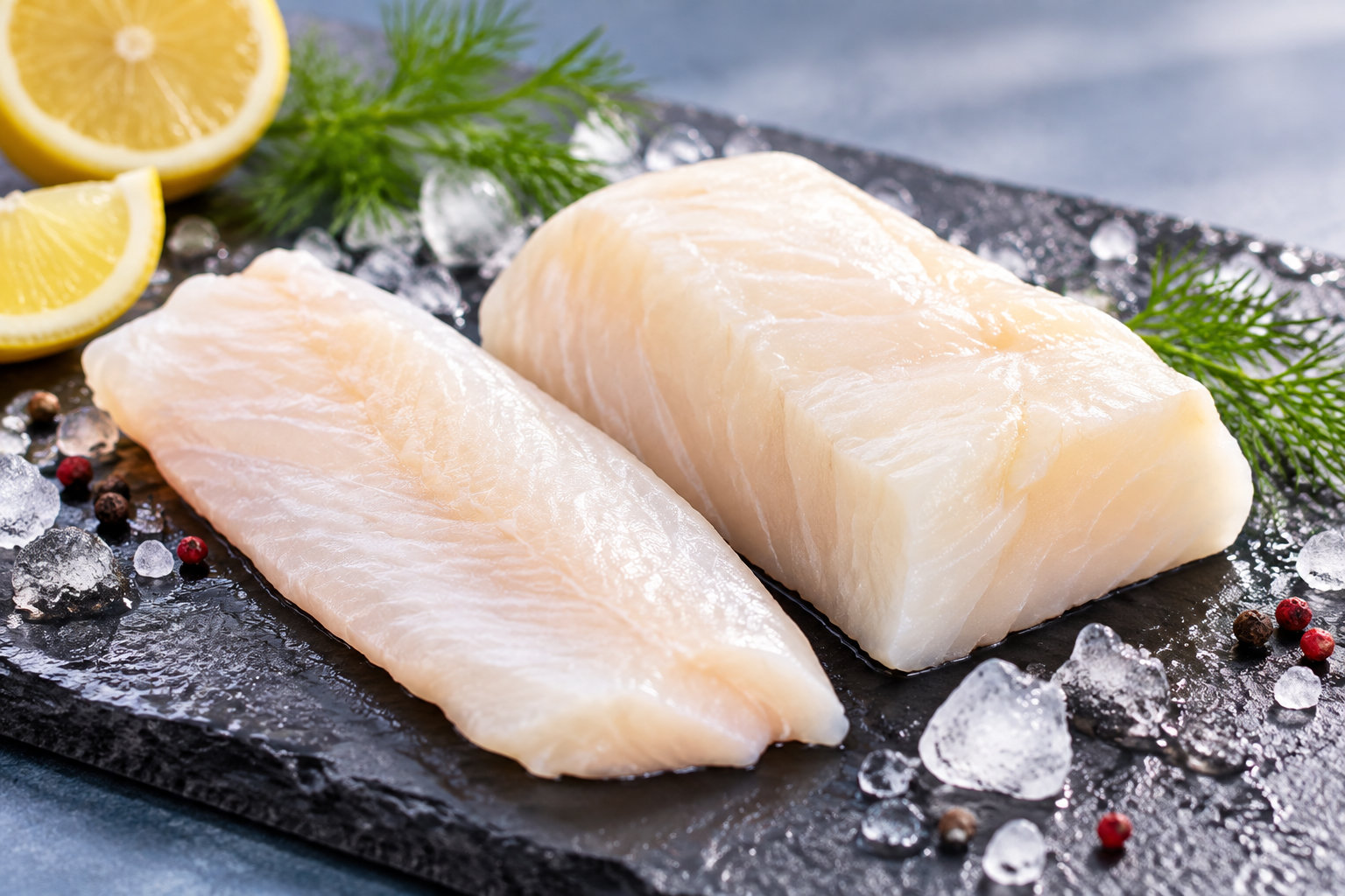 Deux morceaux de poisson blanc cru reposent sur une plaque sombre avec des glaçons, des rondelles de citron, des herbes et des grains de poivre.